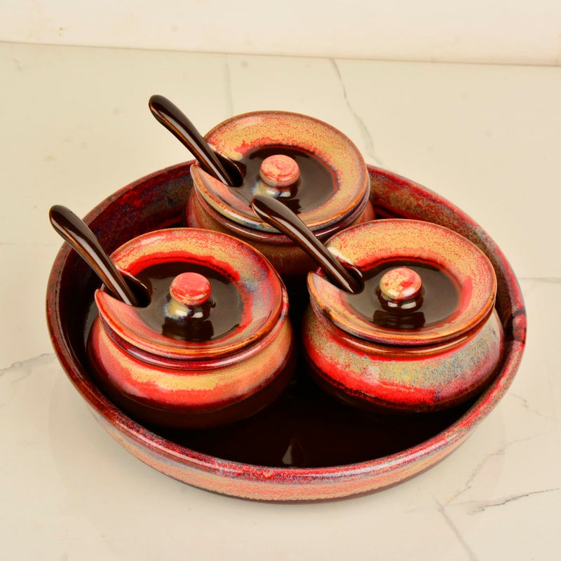 StyleMyWay Studio Pottery Ceramic Pickle Serving Handi Set with Spoon and Tray (Set of 3, Red Studio) | Condiment Set | Pickle and Chutney Jar Set for Dining Table - Image 3