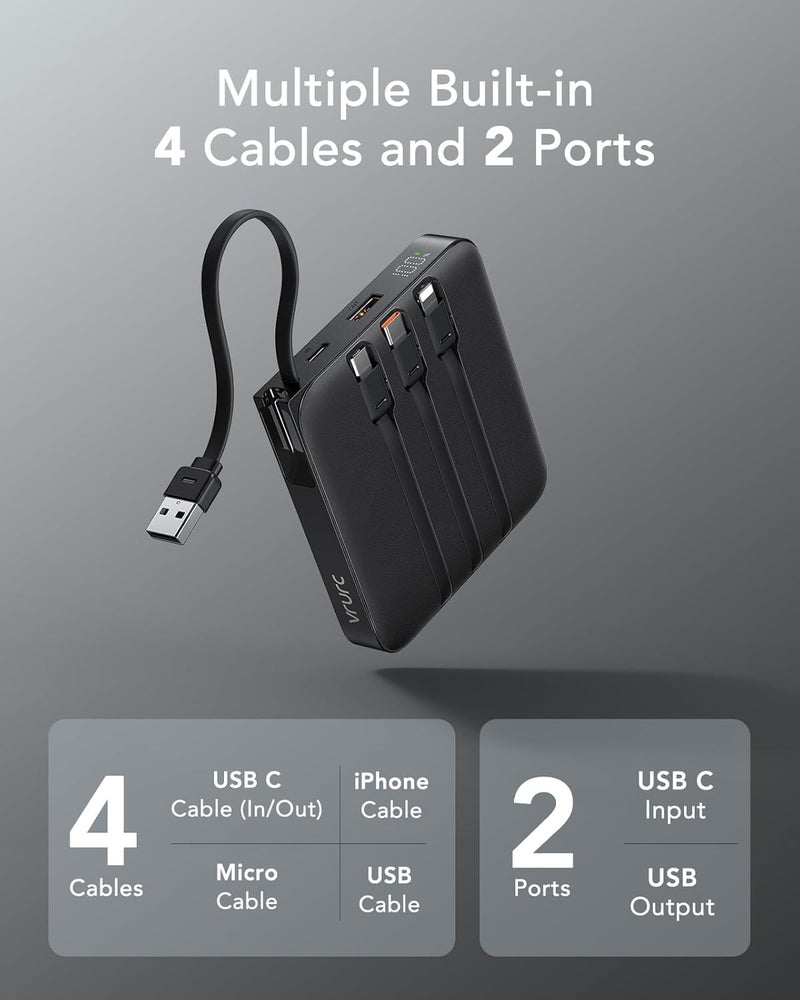 VRURC Power Bank, 20000mAh 22.5W Portable Charger with Built-in Cables, USB C In & Out Powerbank Fast Charging with LED Display Compatible with iPhone 16/15/14/13/12 Pro/Max Samsung Galaxy S23/S22 - Image 2