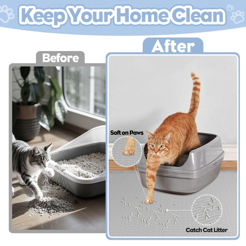 Bartuke Cat Litter Mat, Extra Large 40" x 28" Silicone Mat Litter Trapping Mat for Scatter Control, Soft on Kitty Paws, Easy to Clean (Gray) - Image 2