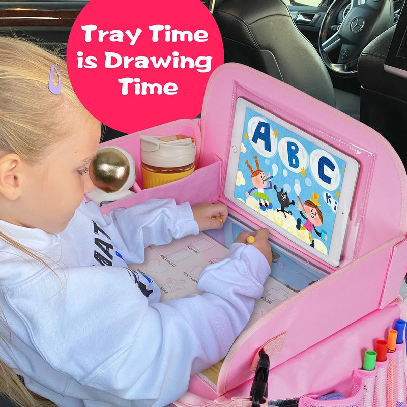 MENZOKE Kids Travel Tray, Car Seat Table Tray, Road Trip Essentials with Educational Drawing Board, Tablet Holder & Cooler Cup Holder, Travel Table for Kids Gifts in Car, Airplane, Multicoloured - Image 3