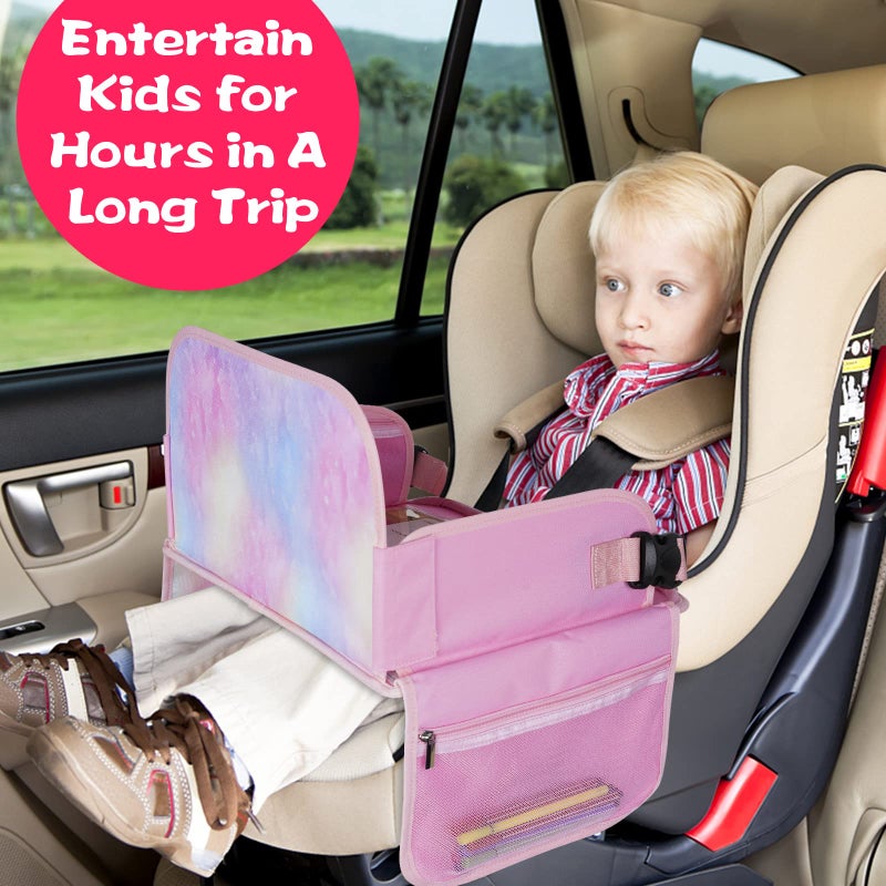 MENZOKE Kids Travel Tray, Car Seat Table Tray, Road Trip Essentials with Educational Drawing Board, Tablet Holder & Cooler Cup Holder, Travel Table for Kids Gifts in Car, Airplane, Multicoloured - Image 2