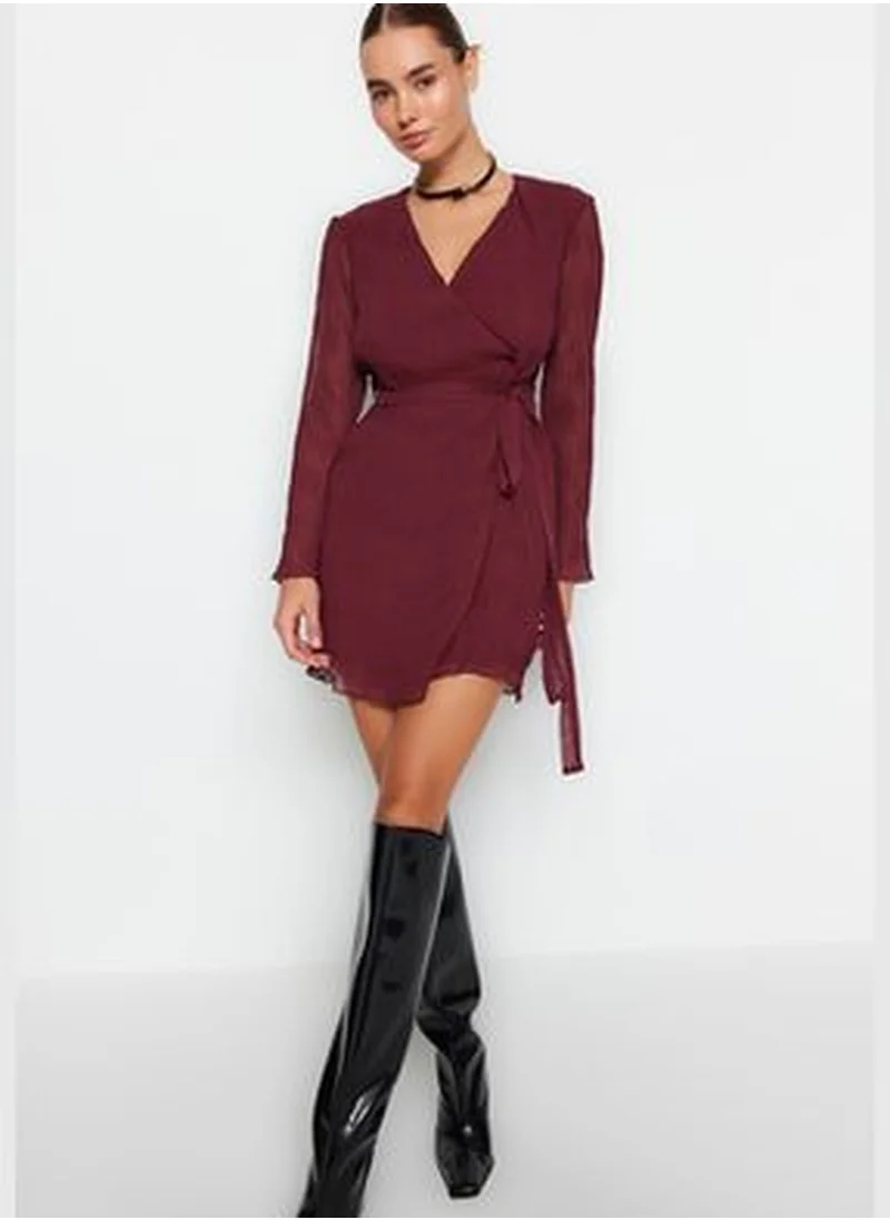 trendyol Burgundy Belted Pleated Double-breasted Woven Dress TWOAW24EL00514