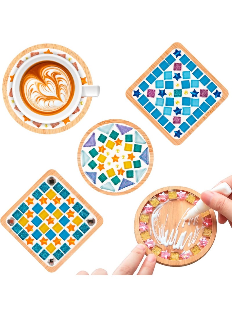 4 Sets DIY Glass Mosaic Tiles for Crafts,Mixed Color Mosaic Kits with Wooden Coaster for Adults,Mosaic Crafts Materials Package for Coaster Handmade Home Decor Gifts… - Image 1