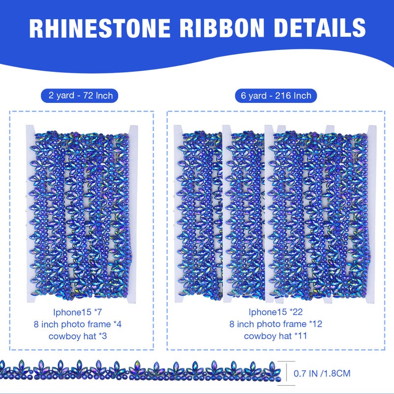 PEARLY JUN 2 Yards Blue Crystal Rhinestone Ribbon Self Adhesive Rhinestone Tape Diamond Ribbon Jewels DIY Stickers Diamond Strips Roll for Christmas Party Phone Dress Wedding Cake Decoration - Image 4