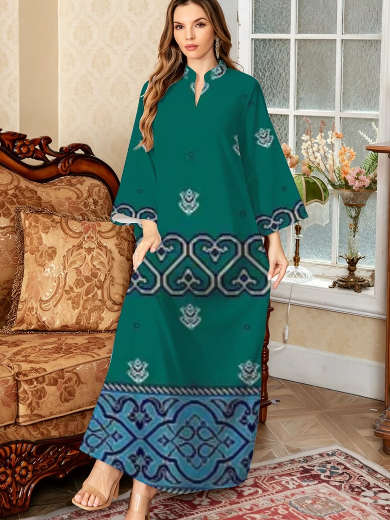 Emerald Green Heart‑shaped Ethnic Print Stand Collar Abaya - Image 3