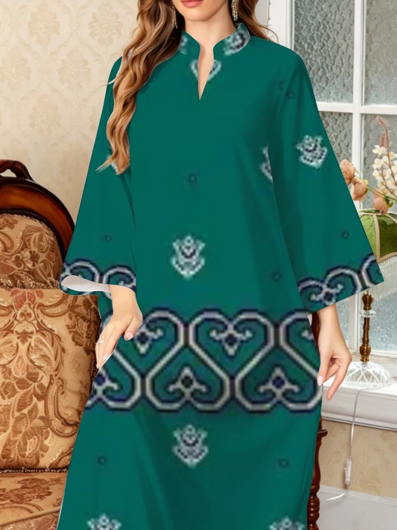 Emerald Green Heart‑shaped Ethnic Print Stand Collar Abaya - Image 5