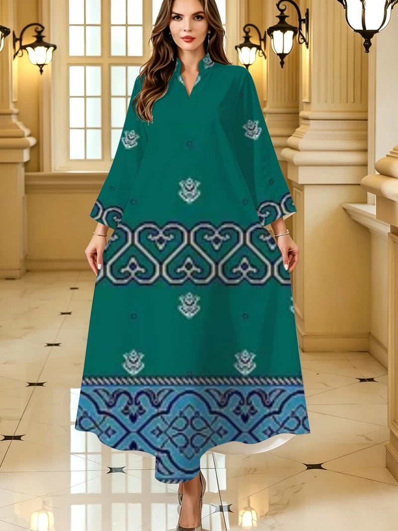 Emerald Green Heart‑shaped Ethnic Print Stand Collar Abaya - Image 1