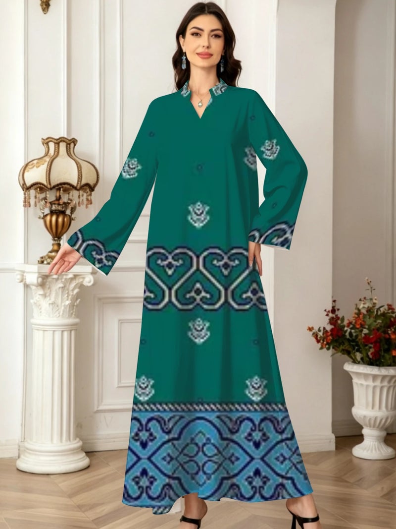 Emerald Green Heart‑shaped Ethnic Print Stand Collar Abaya - Image 2