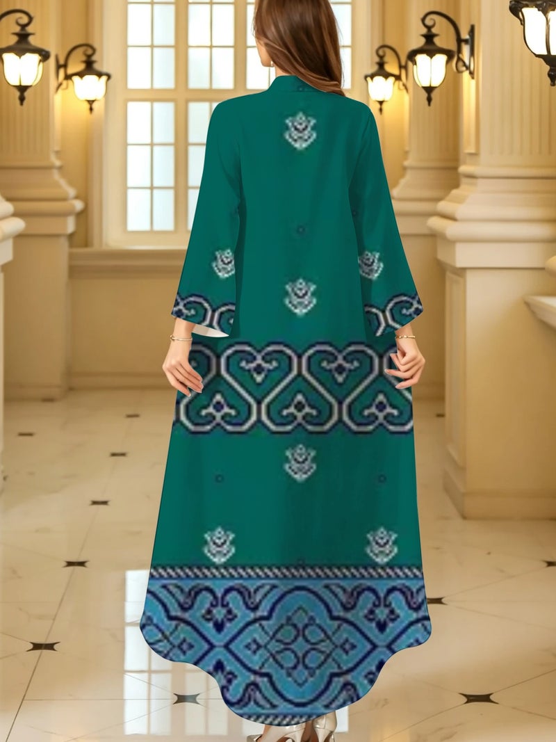 Emerald Green Heart‑shaped Ethnic Print Stand Collar Abaya - Image 4