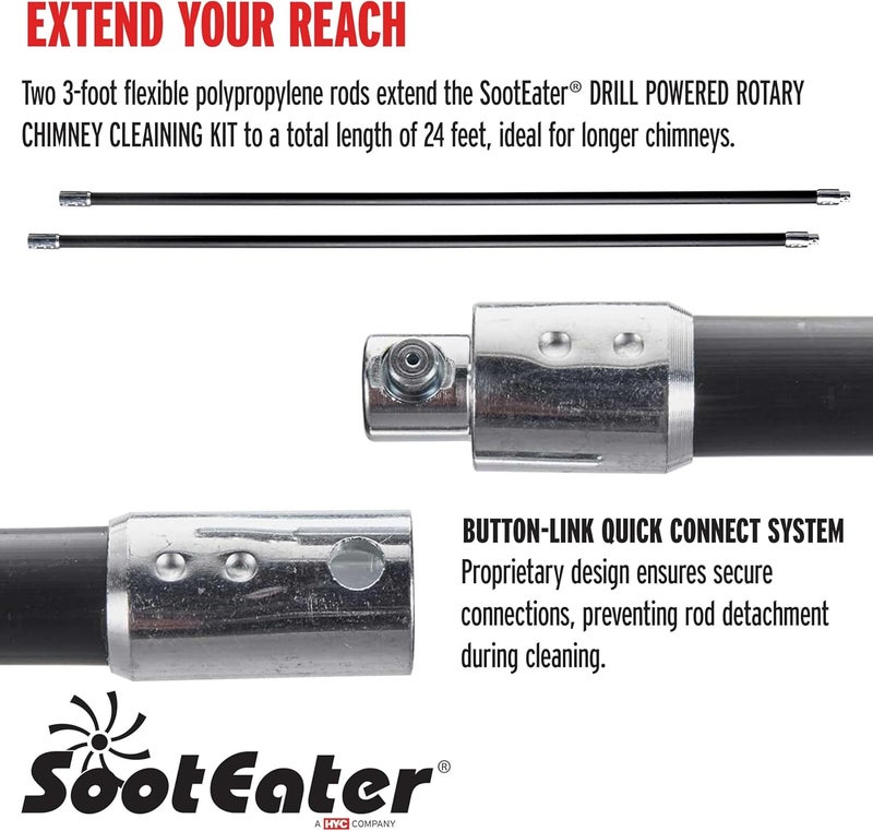 Gardus SootEater Rotary Chimney Rod Set - 6' Rotary Black Chimney Cleaner Extension Rods Kit w/a Quick-Connect System, for Long Chimney Pole, CRD307. - Image 2