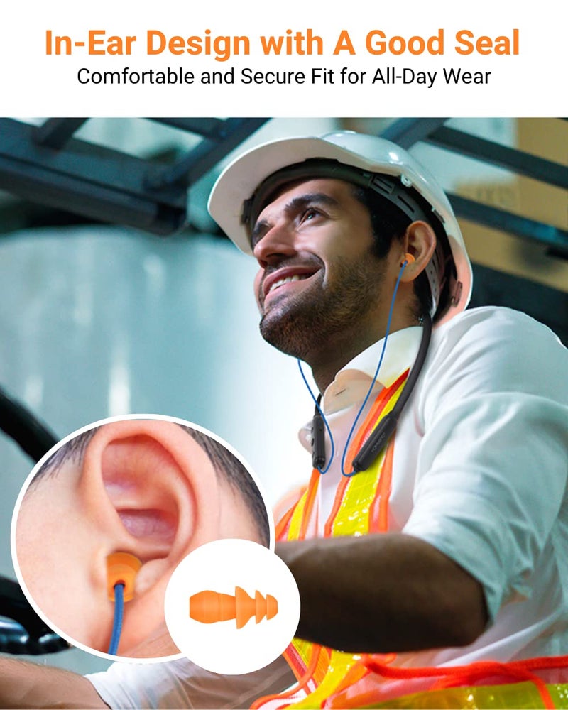 HomeSpot Noise Reduction Wireless Neckband Headphones with Qualcomm aptX HD, 27dB NRR, CVC Noise Cancelling Mic & Controls and 20H Playtime for Work Safety OSHA Compliant - Blue Wire Orange Earbuds - Image 4