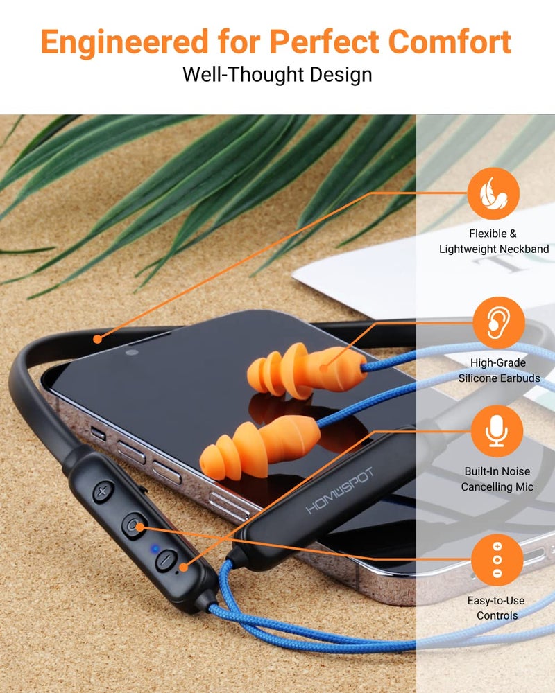 HomeSpot Noise Reduction Wireless Neckband Headphones with Qualcomm aptX HD, 27dB NRR, CVC Noise Cancelling Mic & Controls and 20H Playtime for Work Safety OSHA Compliant - Blue Wire Orange Earbuds - Image 3