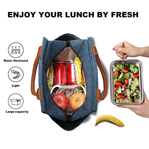 Joymee Lunch Bag Women Insulated Lunch Box Reusable Leakproof Large Spacious Tote for Women Men Adult with Bottle Holder and Side Pockets for Work Picnic Travel - Navy Blue - Image 3