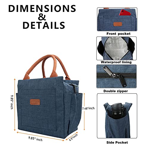 Joymee Lunch Bag Women Insulated Lunch Box Reusable Leakproof Large Spacious Tote for Women Men Adult with Bottle Holder and Side Pockets for Work Picnic Travel - Navy Blue - Image 2