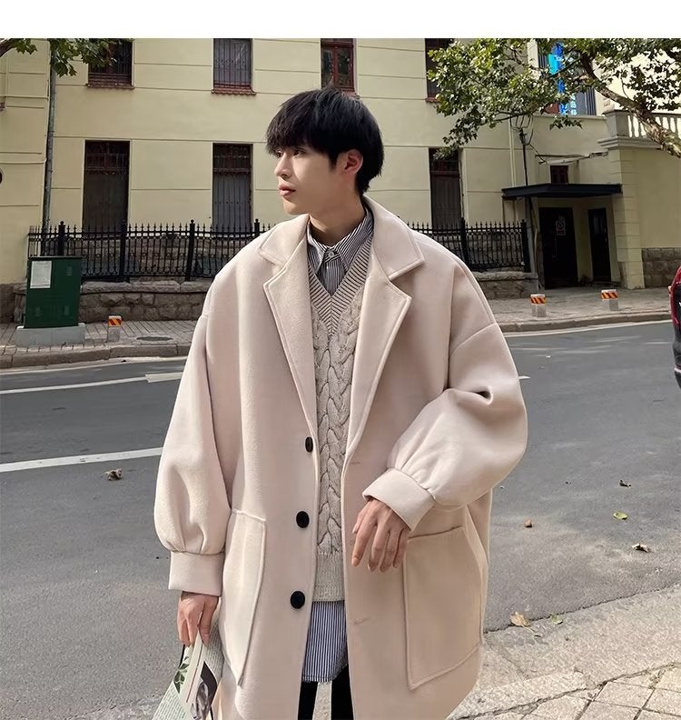 Mens Premium Wool Overcoat Autumn Winter Japanese Loose Long Jacket M20 apricot - Image 1