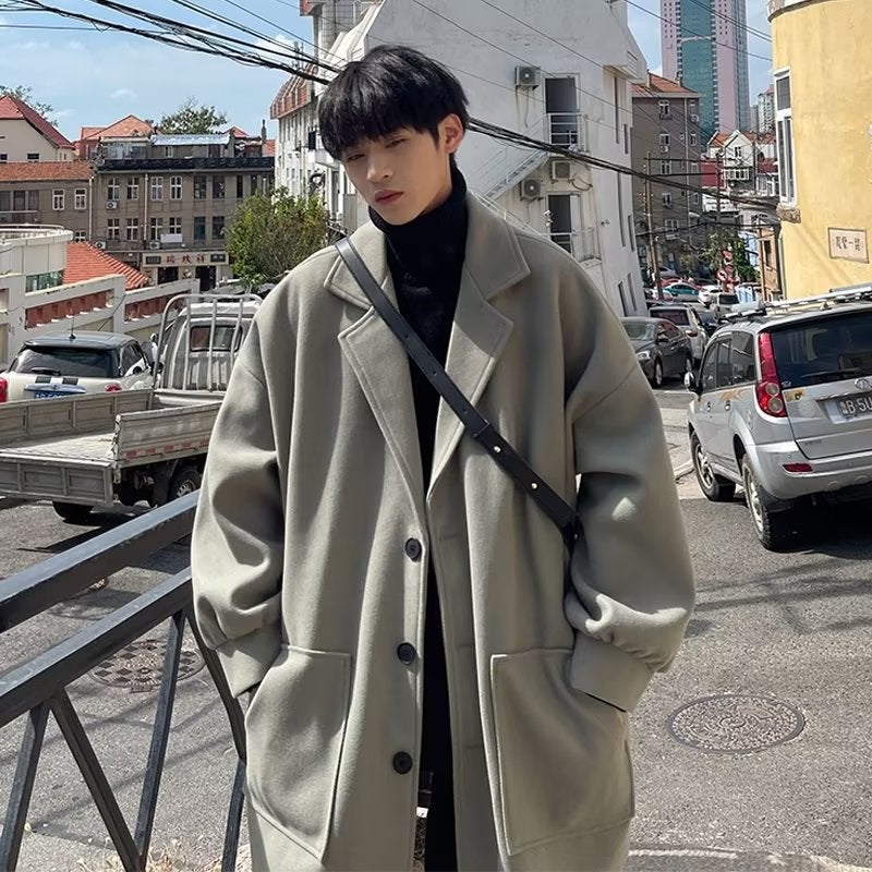 Mens Premium Wool Overcoat Autumn Winter Japanese Loose Long Jacket M20 apricot - Image 3