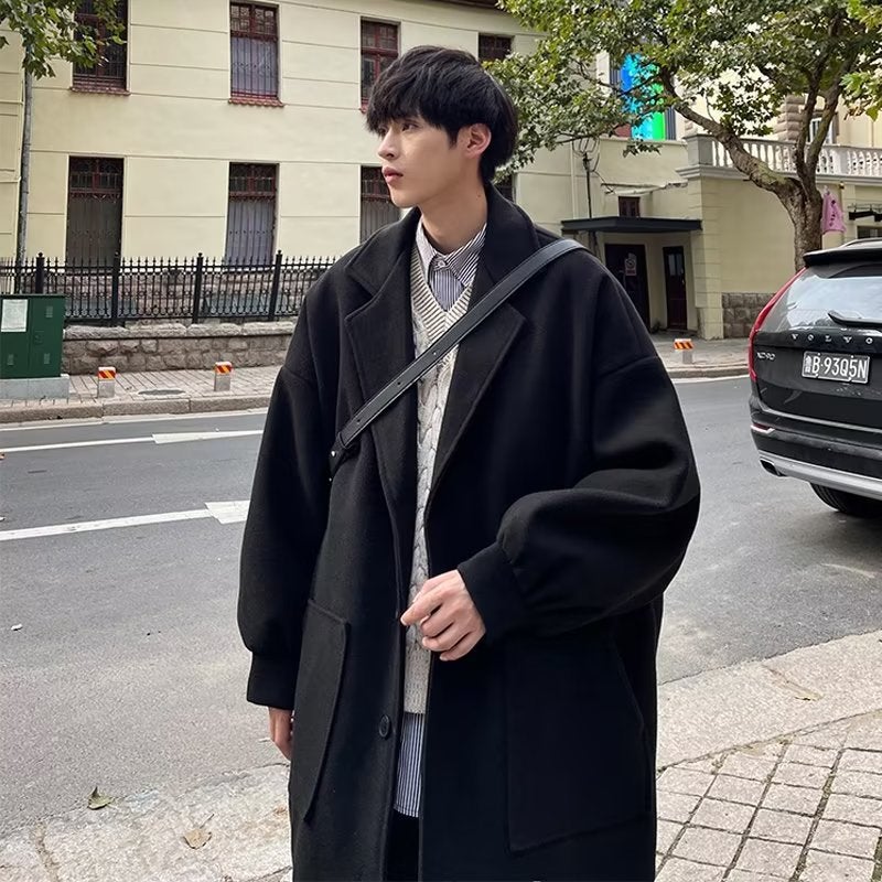 Mens Premium Wool Overcoat Autumn Winter Japanese Loose Long Jacket M20 apricot - Image 2