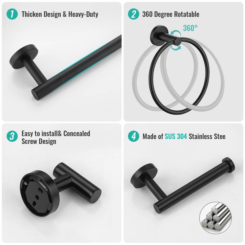 soaez 4-Piece Matte Black Towel Bar Set Bathroom Hardware Set Towel Holder Set for Bathroom SUS304 Stainless Steel Bathroom Accessory Set 19.68 in - Image 4