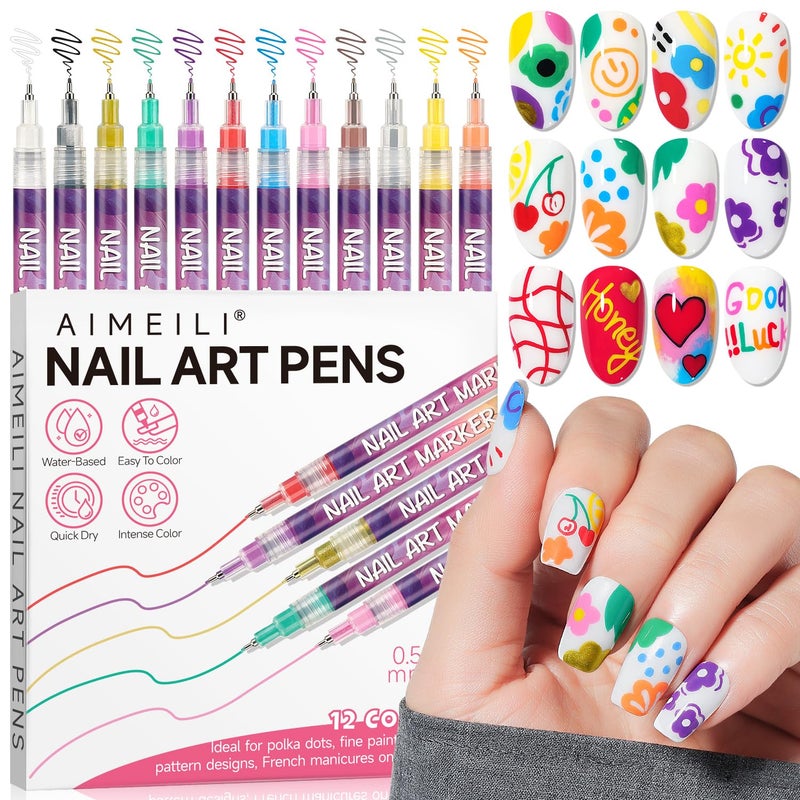 AIMEILI 12 Colors Nail Art Pens Set 05mm Fine Tip Acrylic Paint Pens for Salon Home DIY Nail Design Dotting Drawing Liner Brush for Manicure Nail Polish Art Decoration Kit 2 - Image 2