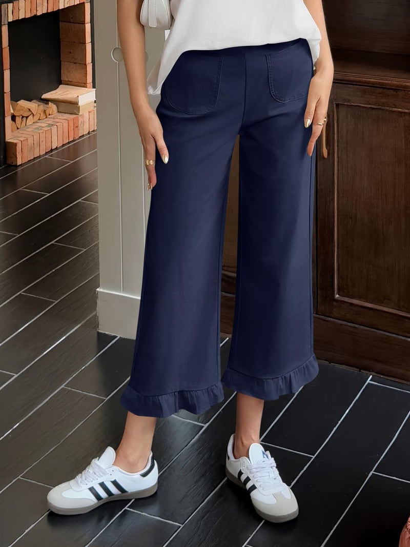 Cicy Bell Womens Straight Wide Leg Pants Casual High Waisted Ruffle Hem Loose Trousers with Pockets Navy - Image 2