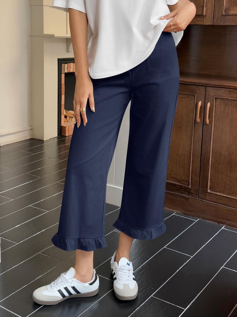 Cicy Bell Womens Straight Wide Leg Pants Casual High Waisted Ruffle Hem Loose Trousers with Pockets Navy - Image 3