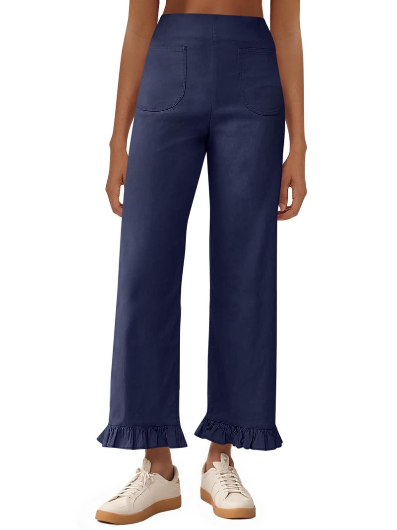 Cicy Bell Womens Straight Wide Leg Pants Casual High Waisted Ruffle Hem Loose Trousers with Pockets Navy - Image 1