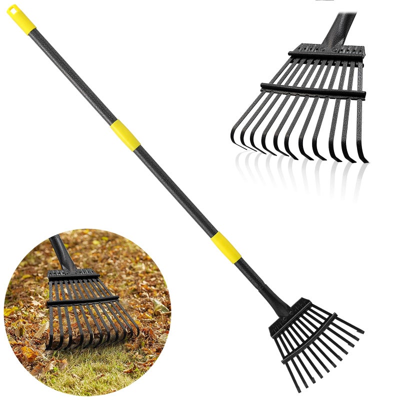 Feblomst Rake, Garden Leaf Rakes for Lawns Heavy Duty, Yard Metal Rake Tools with 9" Small Narrow Rake Head, 65â€ Adjustable Long Handle, 11 Steel Tines, Quick Clean up Rake for Shrub, Flower Bed, Camping - Image 1