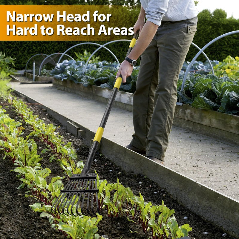 Feblomst Rake, Garden Leaf Rakes for Lawns Heavy Duty, Yard Metal Rake Tools with 9" Small Narrow Rake Head, 65â€ Adjustable Long Handle, 11 Steel Tines, Quick Clean up Rake for Shrub, Flower Bed, Camping - Image 3