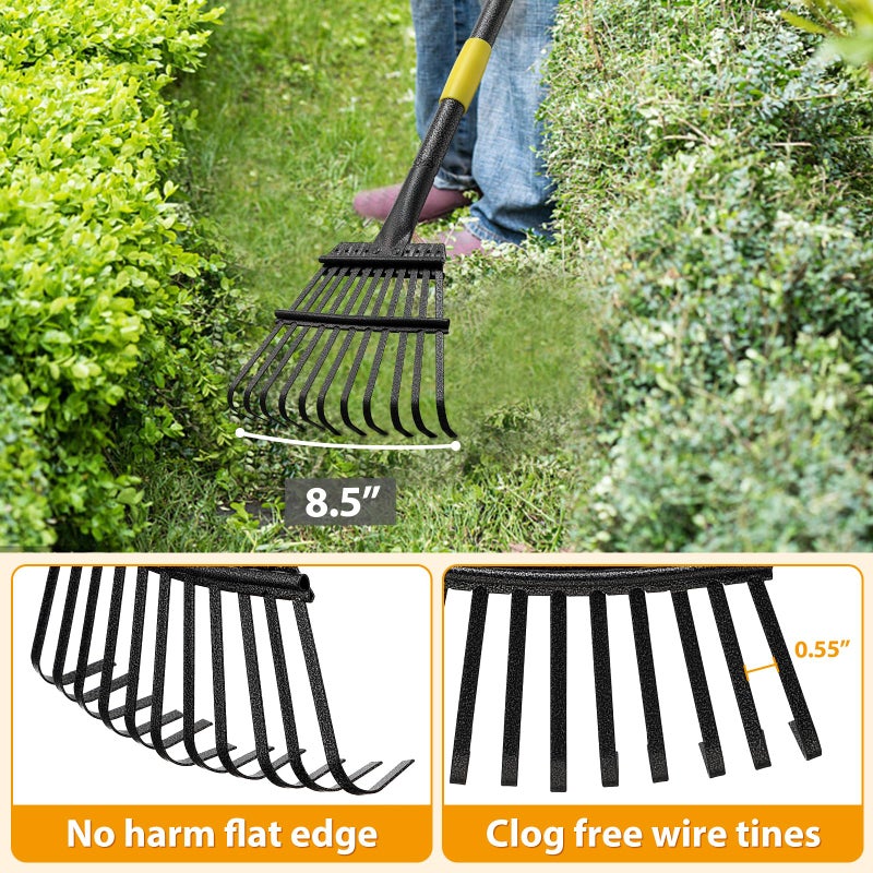 Feblomst Rake, Garden Leaf Rakes for Lawns Heavy Duty, Yard Metal Rake Tools with 9" Small Narrow Rake Head, 65â€ Adjustable Long Handle, 11 Steel Tines, Quick Clean up Rake for Shrub, Flower Bed, Camping - Image 4