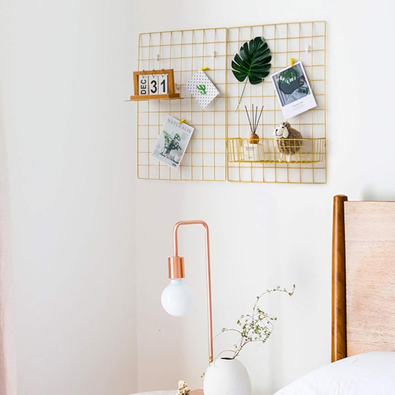 CreativeBuzz Steel Grid Photo Frame For Wall With 10 Wooden Deginer Clips DIY Mesh Wire Frame Grid Of Metal Hanging Aesthetic Moments Photo Wall Décor for Home Living Room and office, Size - 65X45 Cm (Gold 1) - Image 5