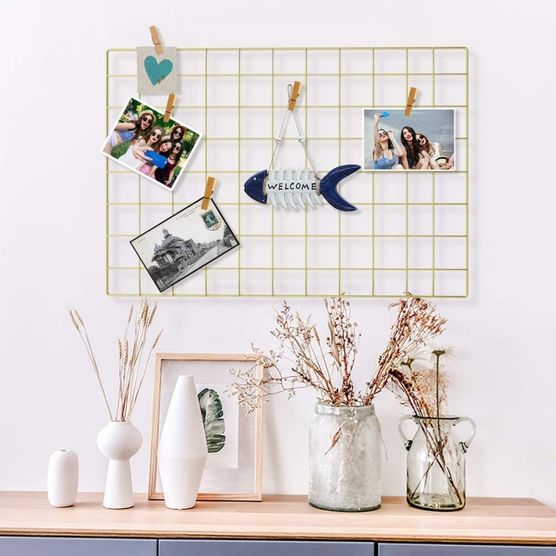 CreativeBuzz Steel Grid Photo Frame For Wall With 10 Wooden Deginer Clips DIY Mesh Wire Frame Grid Of Metal Hanging Aesthetic Moments Photo Wall Décor for Home Living Room and office, Size - 65X45 Cm (Gold 1) - Image 4