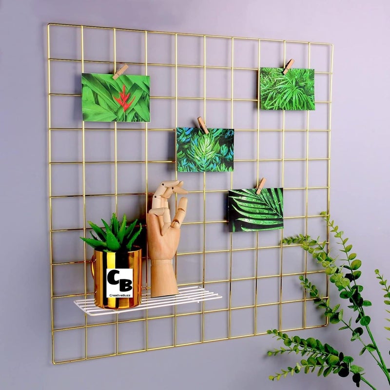 CreativeBuzz Steel Grid Photo Frame For Wall With 10 Wooden Deginer Clips DIY Mesh Wire Frame Grid Of Metal Hanging Aesthetic Moments Photo Wall Décor for Home Living Room and office, Size - 65X45 Cm (Gold 1) - Image 1