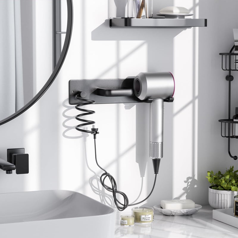 Tindbea Hair Dryer Holder Curling Iron Holder Flat Iron, Blow Dryer Holder Wall Mount, 3 in 1 Bathroom Hair Tool Organizer Rack for Universal Dryer, Matte Black - Image 2