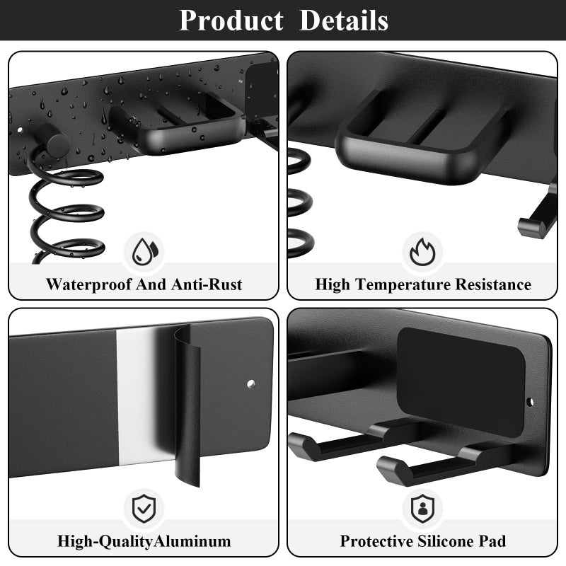 Tindbea Hair Dryer Holder Curling Iron Holder Flat Iron, Blow Dryer Holder Wall Mount, 3 in 1 Bathroom Hair Tool Organizer Rack for Universal Dryer, Matte Black - Image 4