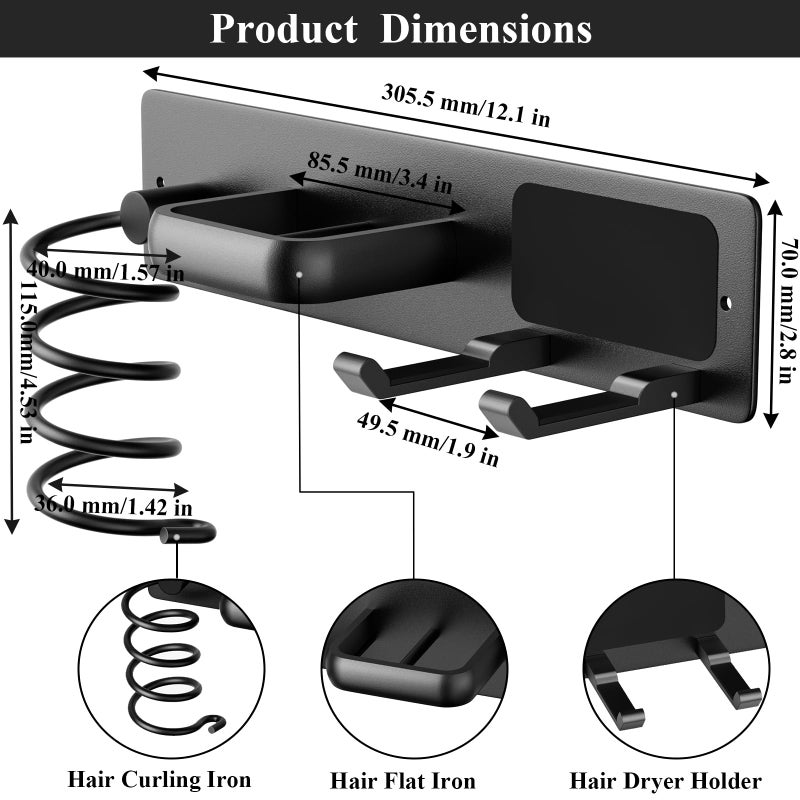 Tindbea Hair Dryer Holder Curling Iron Holder Flat Iron, Blow Dryer Holder Wall Mount, 3 in 1 Bathroom Hair Tool Organizer Rack for Universal Dryer, Matte Black - Image 3