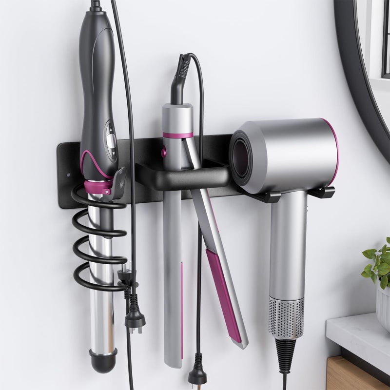Tindbea Hair Dryer Holder Curling Iron Holder Flat Iron, Blow Dryer Holder Wall Mount, 3 in 1 Bathroom Hair Tool Organizer Rack for Universal Dryer, Matte Black - Image 1