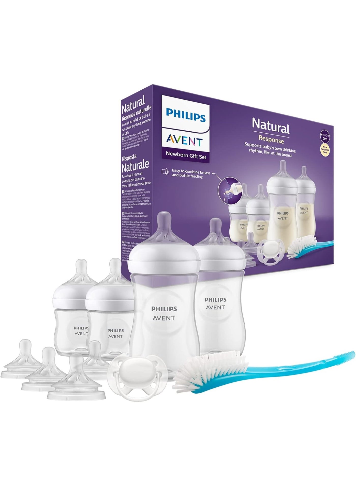 Avent Philips Avent Baby Bottle Newborn Gift Set - 4 Baby Milk Bottles, 2 Extra Nipples, Ultra-Soft Pacifier and Bottle Brush, Babies Aged 0-12 Months+ (Model SCD838/13)