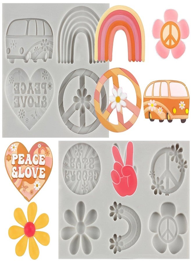 MINFEIDMS Groovy Silicone Molds Daisy Rainbows Flower Fondant Molds For Groovy Retro Hippie Boho Party Cake Decorating Cupcake Topper Candy Chocolate Gum Paste Polymer Clay Set Of 2 - Image 1