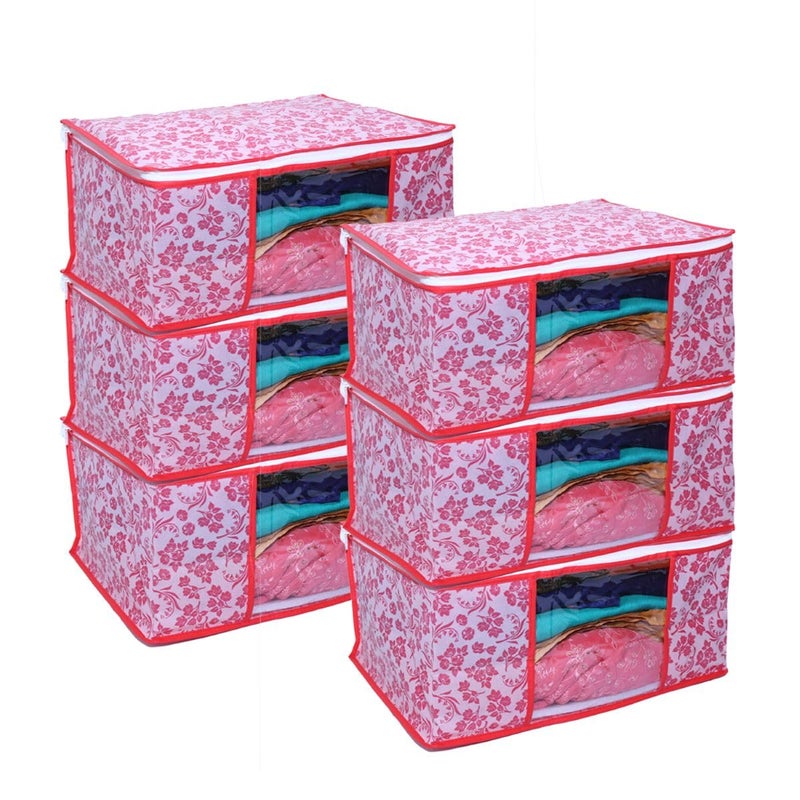 LAXIS ® Saree Covers With Zip Non-Woven Printed Saree Cover/Saree Organizer For Wardrobe/Cloth Storage With Transparent Window/Saree Bags Storage/Clothes Organizer (Peach- Pack of 6) - Image 1