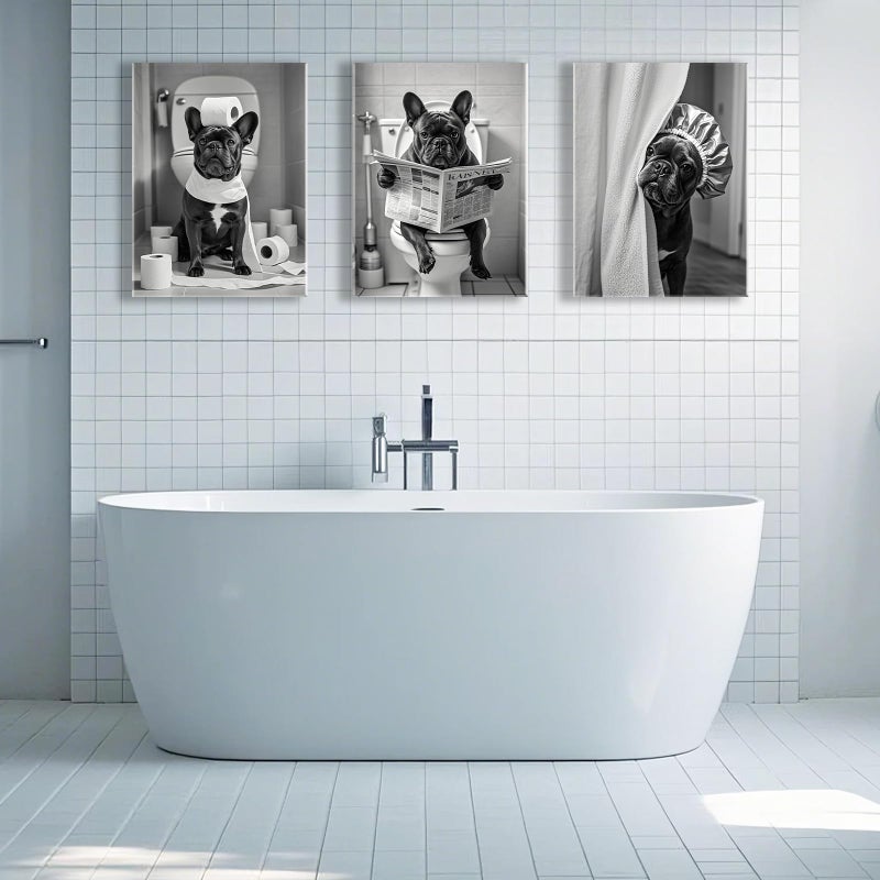 Aphila 3Pcs Black and White Bathroom Wall Art French Bulldog Reading Newspaper Dog on Toilet Canvas Wall Decor Bathroom Pictures Prints Posters Artwork Toilet Restroom Wall Decorations 12x16 Inch Framed - Image 3
