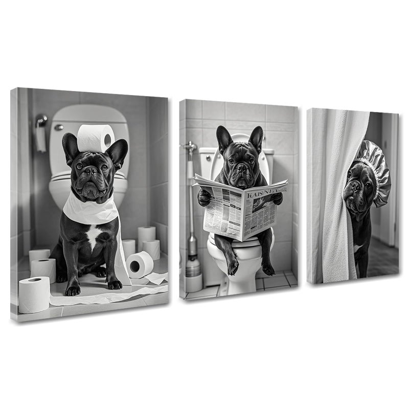 Aphila 3Pcs Black and White Bathroom Wall Art French Bulldog Reading Newspaper Dog on Toilet Canvas Wall Decor Bathroom Pictures Prints Posters Artwork Toilet Restroom Wall Decorations 12x16 Inch Framed - Image 1