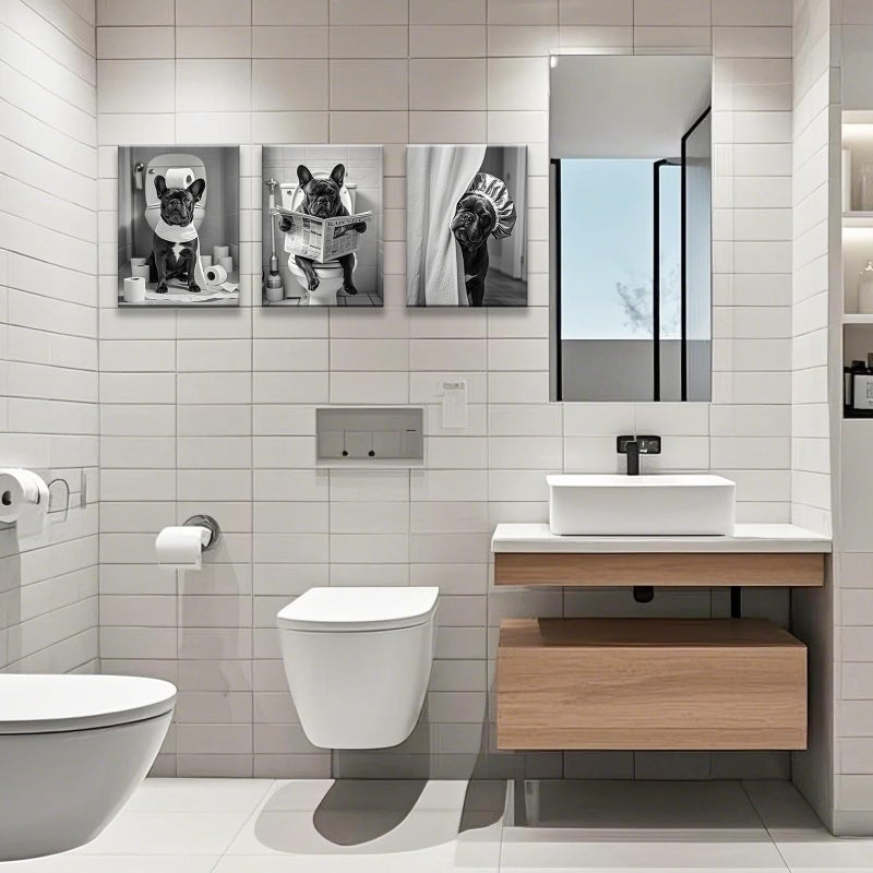 Aphila 3Pcs Black and White Bathroom Wall Art French Bulldog Reading Newspaper Dog on Toilet Canvas Wall Decor Bathroom Pictures Prints Posters Artwork Toilet Restroom Wall Decorations 12x16 Inch Framed - Image 5