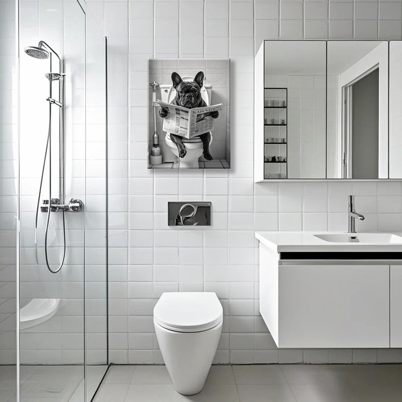 Aphila 3Pcs Black and White Bathroom Wall Art French Bulldog Reading Newspaper Dog on Toilet Canvas Wall Decor Bathroom Pictures Prints Posters Artwork Toilet Restroom Wall Decorations 12x16 Inch Framed - Image 2