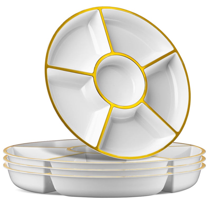 Plasticpro 6 Sectional Round Plastic Serving Tray/Platter (2, White & Gold) - Image 1