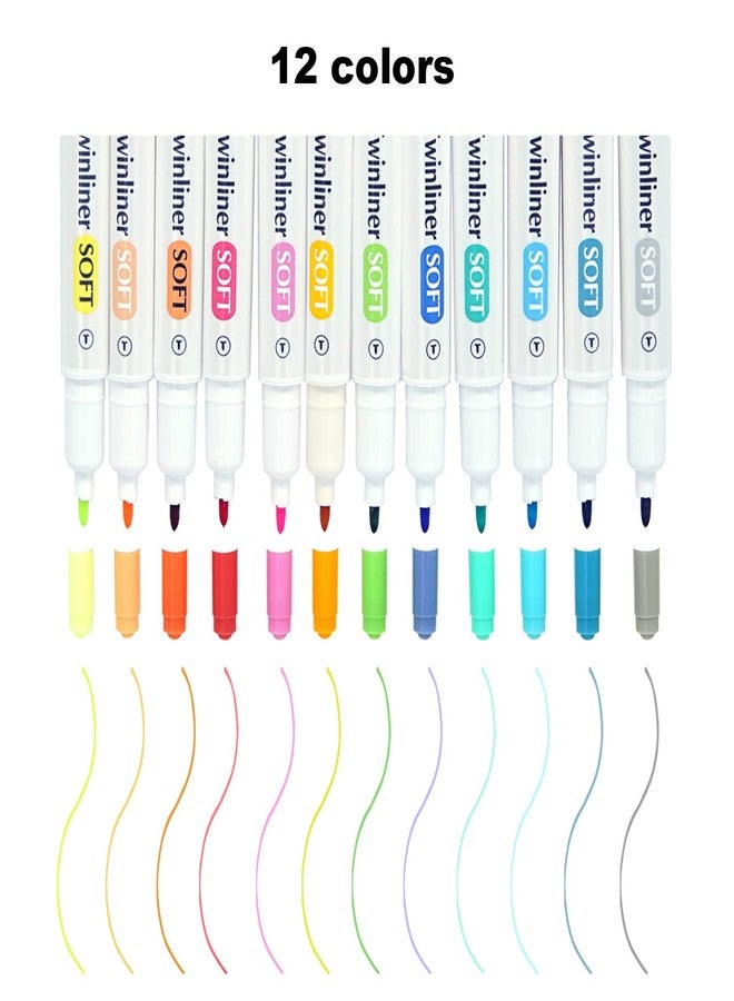 Dong-A Dual Tip Marker Pen + Soft Highlighters Assorted 12 Colors, No Bleed, Smooth and Flexible Brush, Great for Drawing, Coloring, Calligraphy Lettering - Image 2