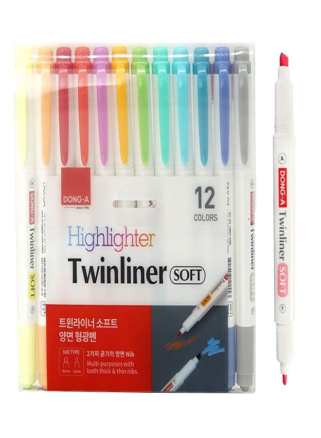 Dong-A Dual Tip Marker Pen + Soft Highlighters Assorted 12 Colors, No Bleed, Smooth and Flexible Brush, Great for Drawing, Coloring, Calligraphy Lettering - Image 1