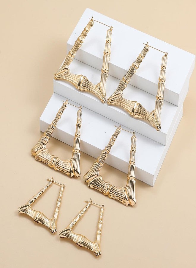 WLL Gold-Tone Bamboo Hoop Earrings for Women 90s Large Bamboo Triangle Hollow Hoop Earrings Oversized Outfits for Women Hip Hop Party Jewelry (A:50MM) - Image 4