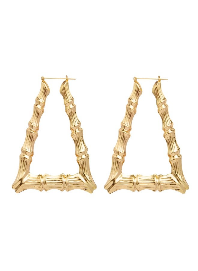 WLL Gold-Tone Bamboo Hoop Earrings for Women 90s Large Bamboo Triangle Hollow Hoop Earrings Oversized Outfits for Women Hip Hop Party Jewelry (A:50MM) - Image 1