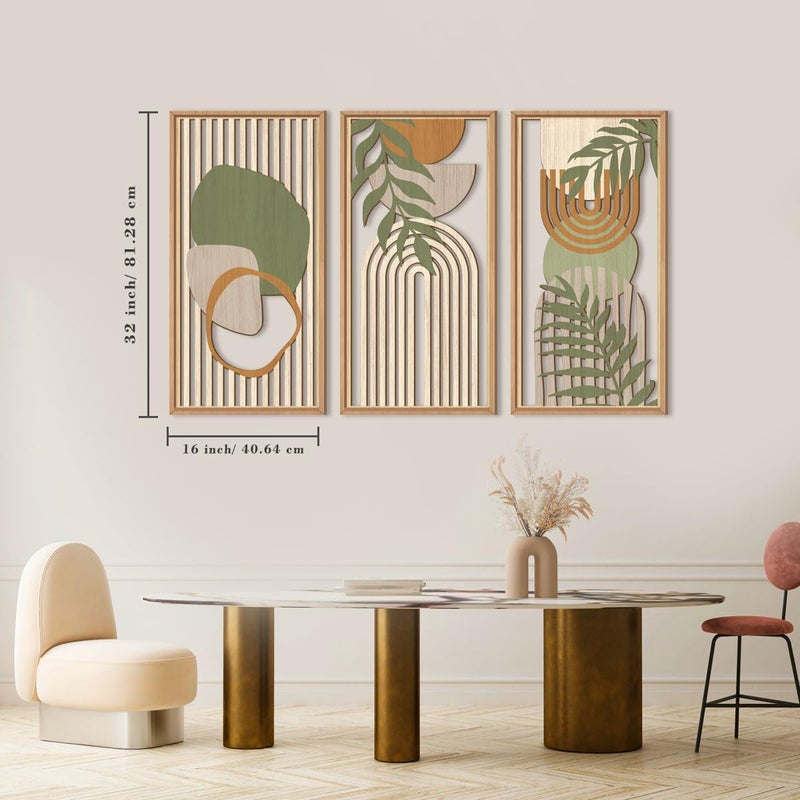 IARTTOP Large Boho Wood Wall Art Framed Mid-century Modern Wooden Wall Decor Set of 3 Green Bohemian Abstract Wall Art Decor For Bedroom Living Room Office-16 x32 - Image 5