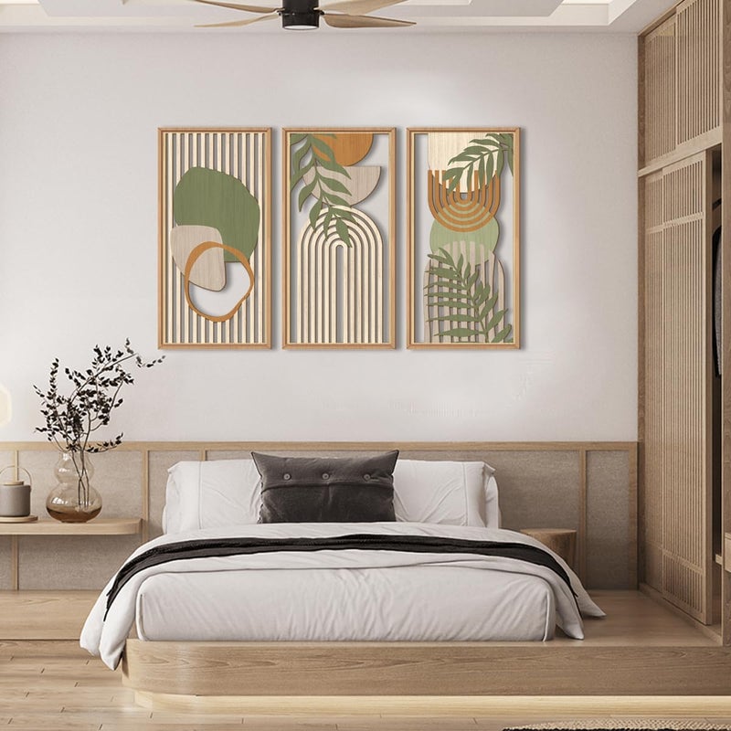 IARTTOP Large Boho Wood Wall Art Framed Mid-century Modern Wooden Wall Decor Set of 3 Green Bohemian Abstract Wall Art Decor For Bedroom Living Room Office-16 x32 - Image 3